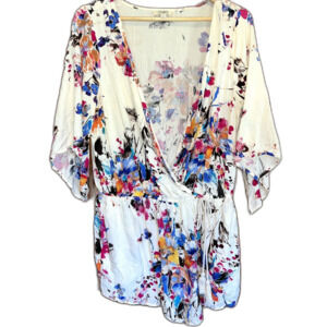 Umgee Women's L White Floral Shortalls Contemporary Boho Short Rhomper Festival